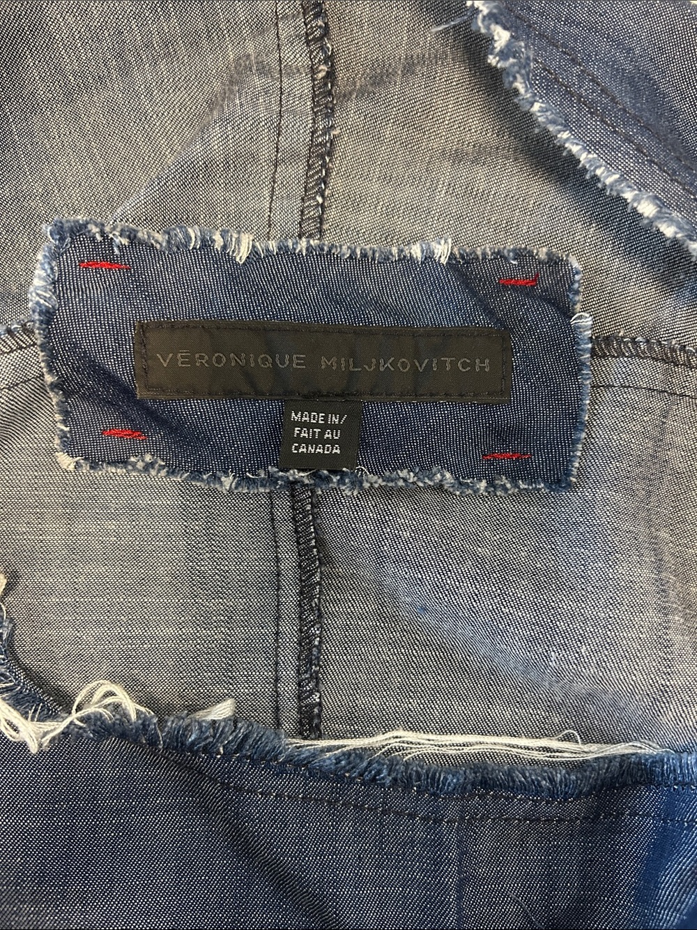Veronique Miljkovitch Dress Navy Blue midi chambray distressed neck/sleeves - Picture 4 of 5